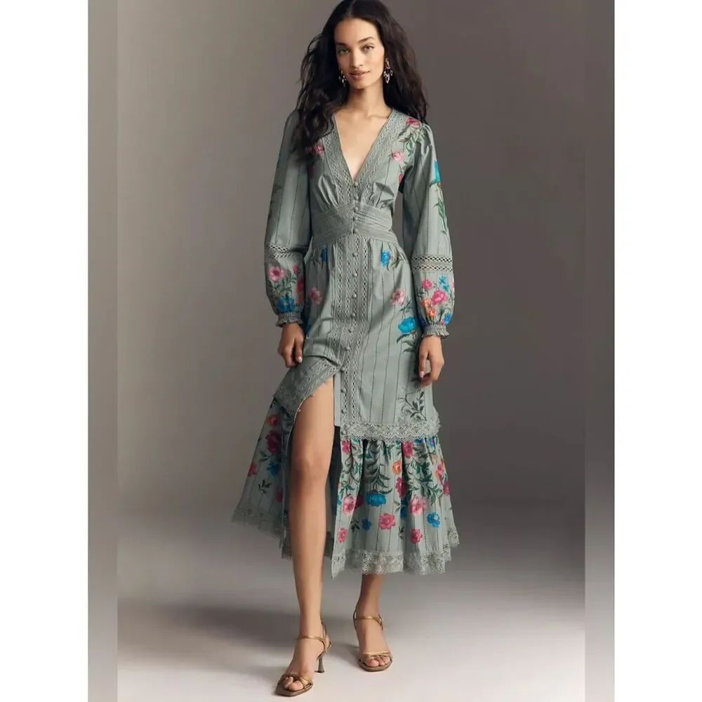 New By Anthropologie Floral Button-Front Midi Dress Size Xs
